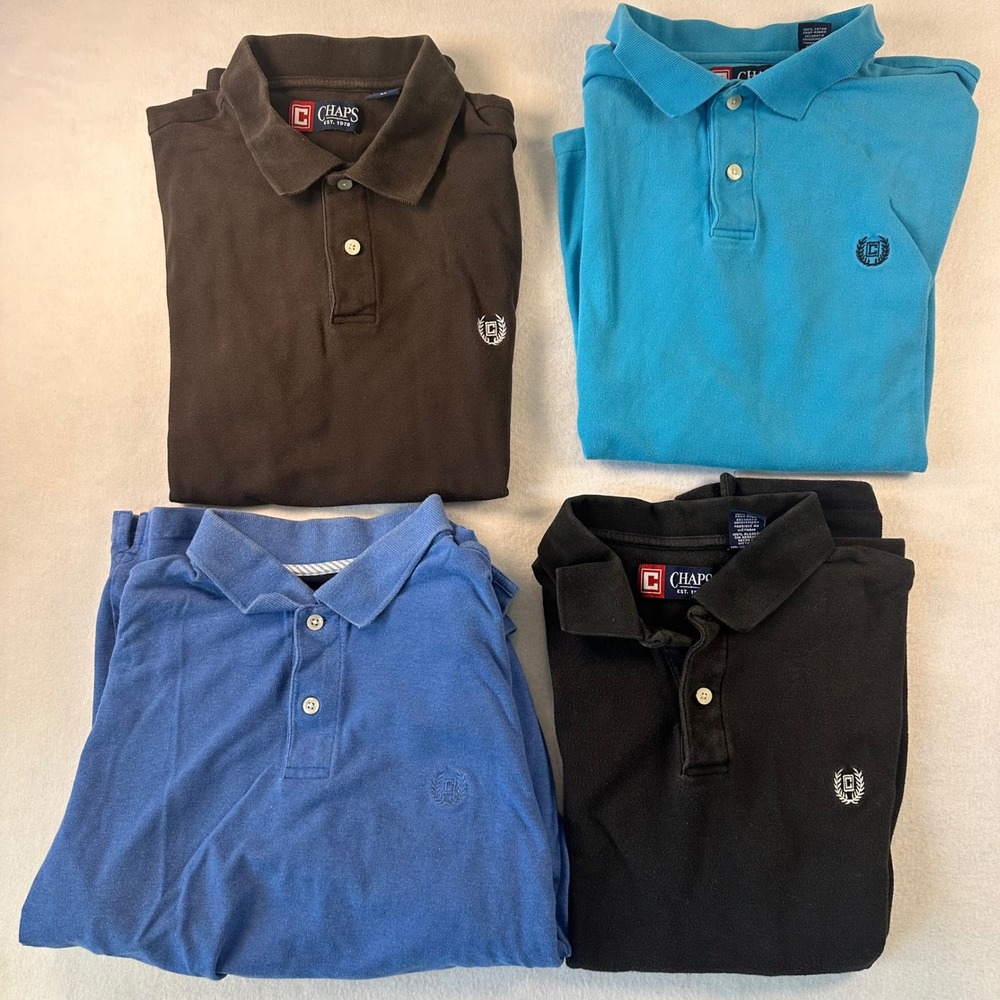 Chaps Men Polo Shirt Bundle Lot of 4 Black Brown Blue Teal Size S M Cotton Pique